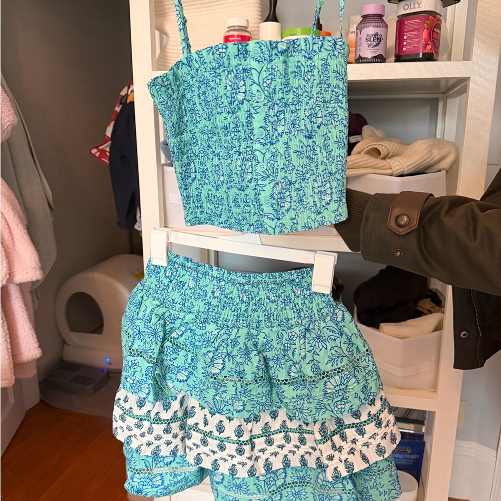 Roller Rabbit x Target Aqua Blue Floral Smocked Tank and Tiered Ruffle Skirt